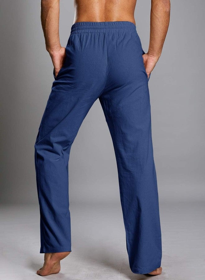 PASLTER Mens Casual Linen Pants Loose Fit Elastic Drawstring Waist Straight-Legs Summer Yoga Beach Long Pants B-Blue - Image 5